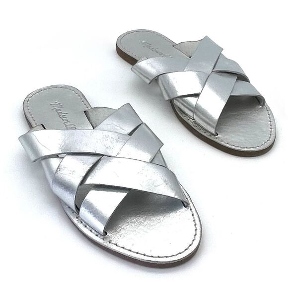 Madewell The Boardwalk Woven Slide Sandal Metallic Silver Leather Women’s Size 7 - Picture 1 of 16